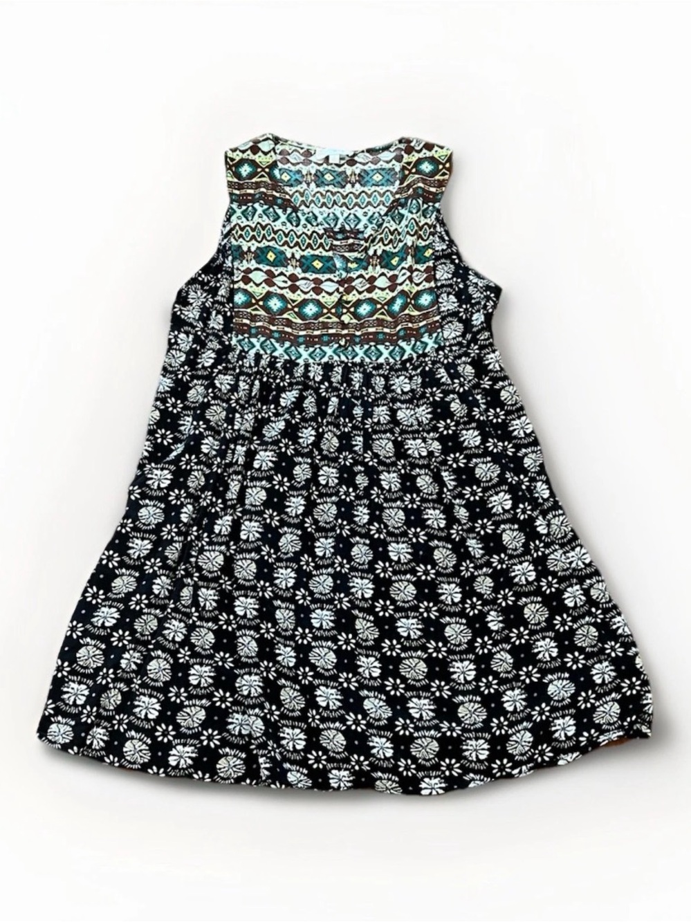 Umgee Black & Teal Boho Mixed Print Tunic Top Size Small Tribal Floral Babydoll